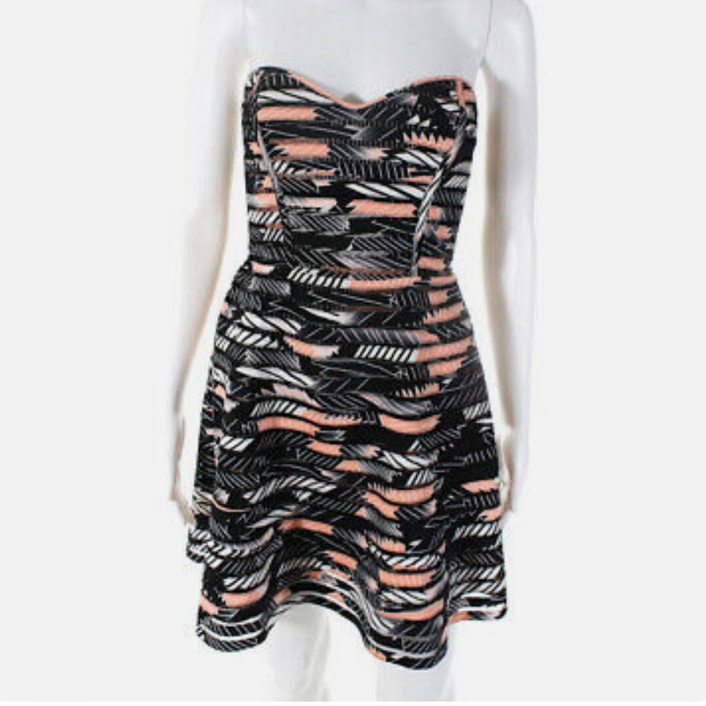 Parker Women Strapless Abstract Mesh Stripe Mini A Line Dress Black Pink, Medium